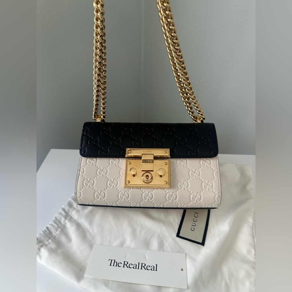 Gucci Padlock Black and Cream double G Embossed Shoulder Bag